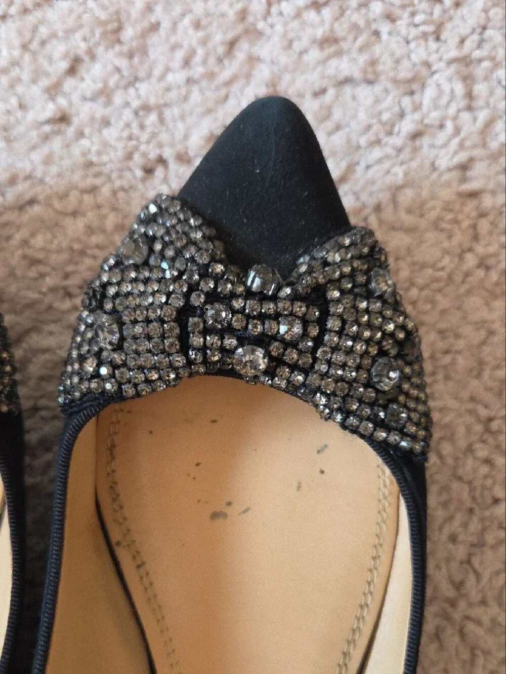 Tory Burch Black Pointed Toe Crystal Bow Flats